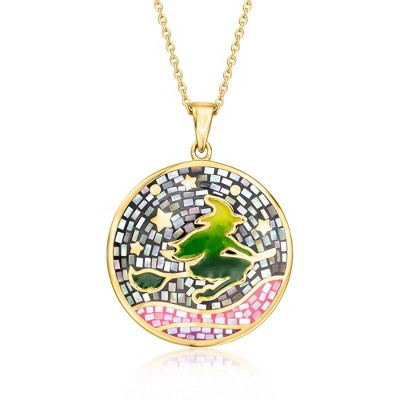 Ross-Simons Mother-Of-Pearl and Multicolored Enamel Witch On Broom Mosaic Pendant Necklace in 18kt Gold Over Sterling Size 18