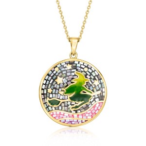 Ross-Simons Mother-Of-Pearl and Multicolored Enamel Witch On Broom Mosaic Pendant Necklace in 18kt Gold Over Sterling Size 18 - 1 of 3