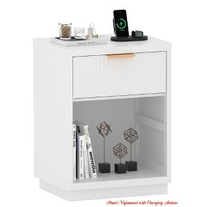 Fluted Nightstand w/ Charging Station, Mid Century Modern Fluted Nightstand, Wooden Night Stand, Modern End Table w/ Curved Corners - 1 of 4