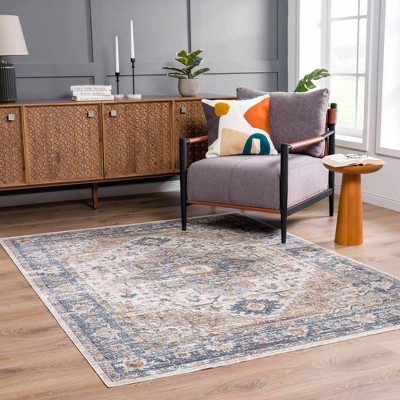 Ezri Blue and Cream Washable Polyester Runner Rug