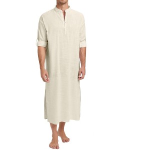 BLUEMING Men's Kaftan Robe Thobe Long Sleeve Button Down Henley Side Splits Casual Side Split Gown Shirt - 1 of 4