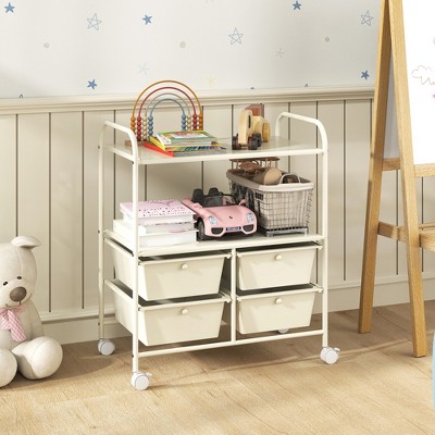 White Metal Rolling Storage Cart with 4 Drawers and Shelves