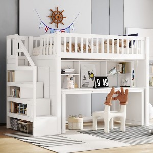 Twin/Full Size Loft Bed with Movable Desk, Storage Stairs & Shelves - ModernLuxe - 1 of 4