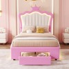 DOMETOUR Twin Size Upholstered Bed Frame with LED Lights, Modern Upholstered Princess Bed with Crown Headboard, a Drawer, Pink+White - image 4 of 4