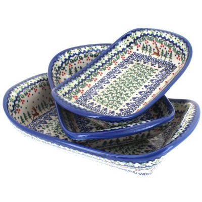 Blue Rose Polish Pottery Reindeer Delight 3 Piece Rectangular Tray Set