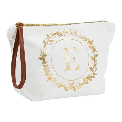 Gold Initial Personalized Makeup Bag for Women, Monogrammed Canvas Cosmetic Pouch (White, 10 x 3 x 6 In)