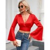 Coolmee Women's Deep V Neck Long Bell Sleeve Tie Front Knot Sexy Wrap Crop Top Blouse Shirt - 4 of 4