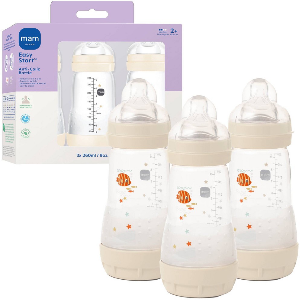 Photos - Baby Bottle / Sippy Cup MAM Easy Start Anti-Colic Baby Bottle - Cream - 9oz/3pk: BPA-Free, Medium Flow, Silicone Nipple 