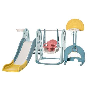 Qaba 5 in 1 Kids Slide and Swing Set with Basketball Hoop, Soccer Goal, Ring Toss Game, Adjustable Height, Water-fillable Base, Playset Playground Toy