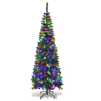 Tangkula 7.5ft Pencil Christmas Tree Pre-Lit Hinged Artificial Decoration w/ 350 Colorful Lights