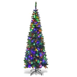 Tangkula 7.5ft Pencil Christmas Tree Pre-Lit Hinged Artificial Decoration w/ 350 Colorful Lights - 1 of 4