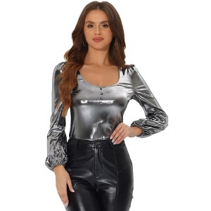 Allegra K Women's Scoop Neck Lantern Sleeve Shiny Metallic Glitter Tops - 1 of 4