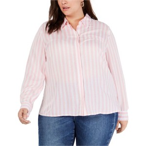 I.N.C International Concepts Womens Soft Stripe Button Up Shirt, Pink, 1X - 1 of 1