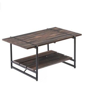 2-Tier Farmhouse 41'' Large Gray Wood Coffee Table with Storage Shelf -Modern Rustic Metal Rectangle Center - 1 of 4