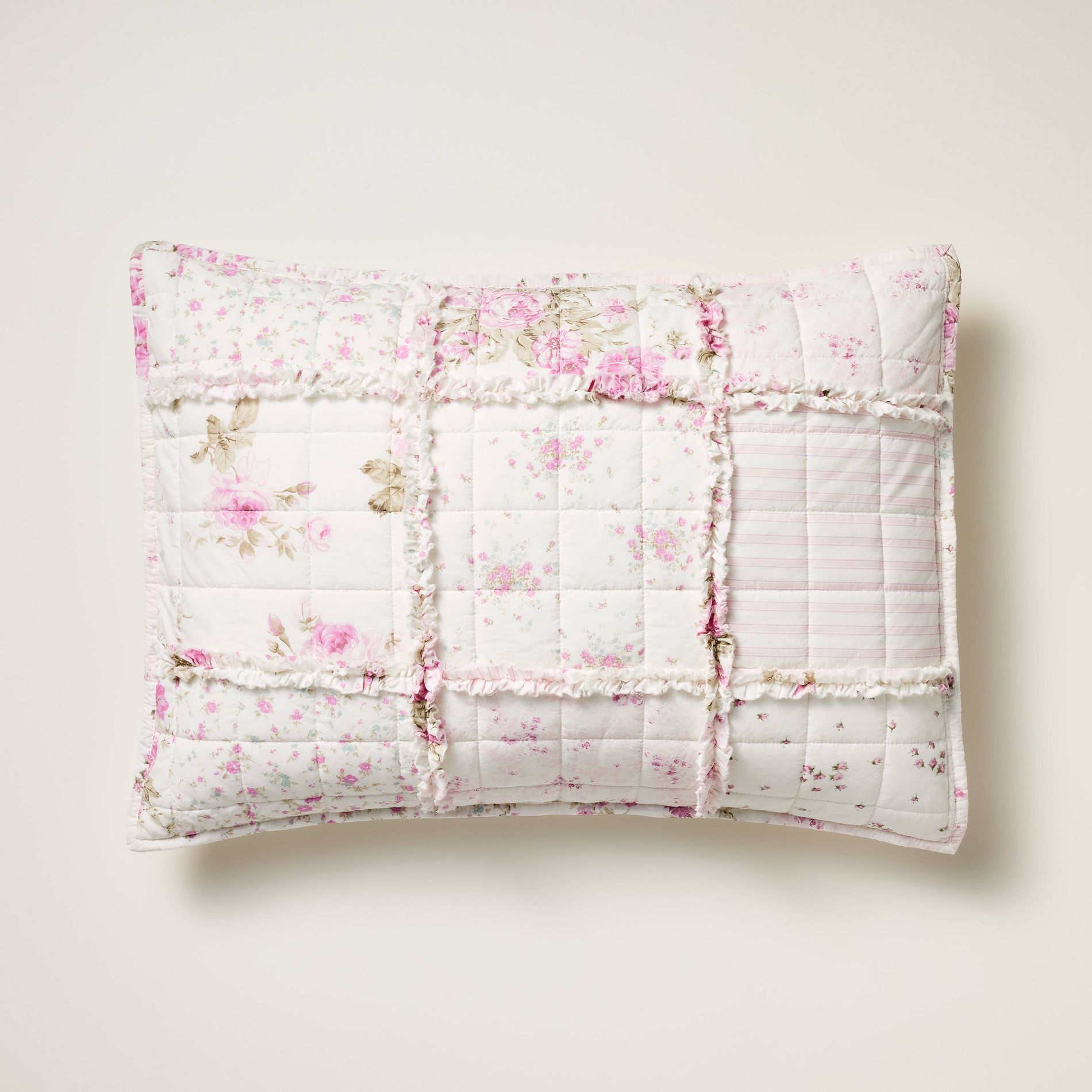 Patchwork with Ruffle Quilt Sham Pink Floral Simply Shabby Chic