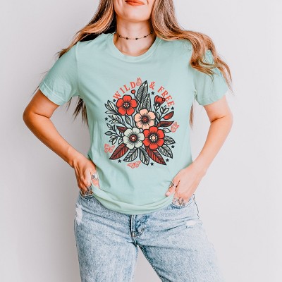 Simply Sage Market Wild and Free Colorful Flowers Short Sleeve Tee - L - Seafoam