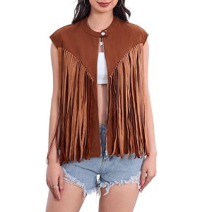 Whizmax Women's Fringe Vest 70s Denim Zip Up Jacket Hippie Sleeveless Loose Costume - 1 of 4