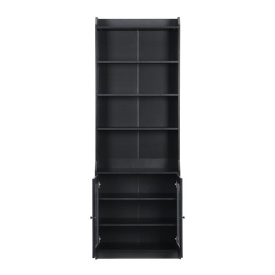 Vynxaria Elegant Tall Cabinet with Acrylic Door, Versatile Sideboard, Curved Design, Adjustable Shelves for Living Room, Black.