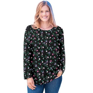 Woman Within Plus Size Perfect Printed Long-Sleeve Crewneck Tee - 1 of 4