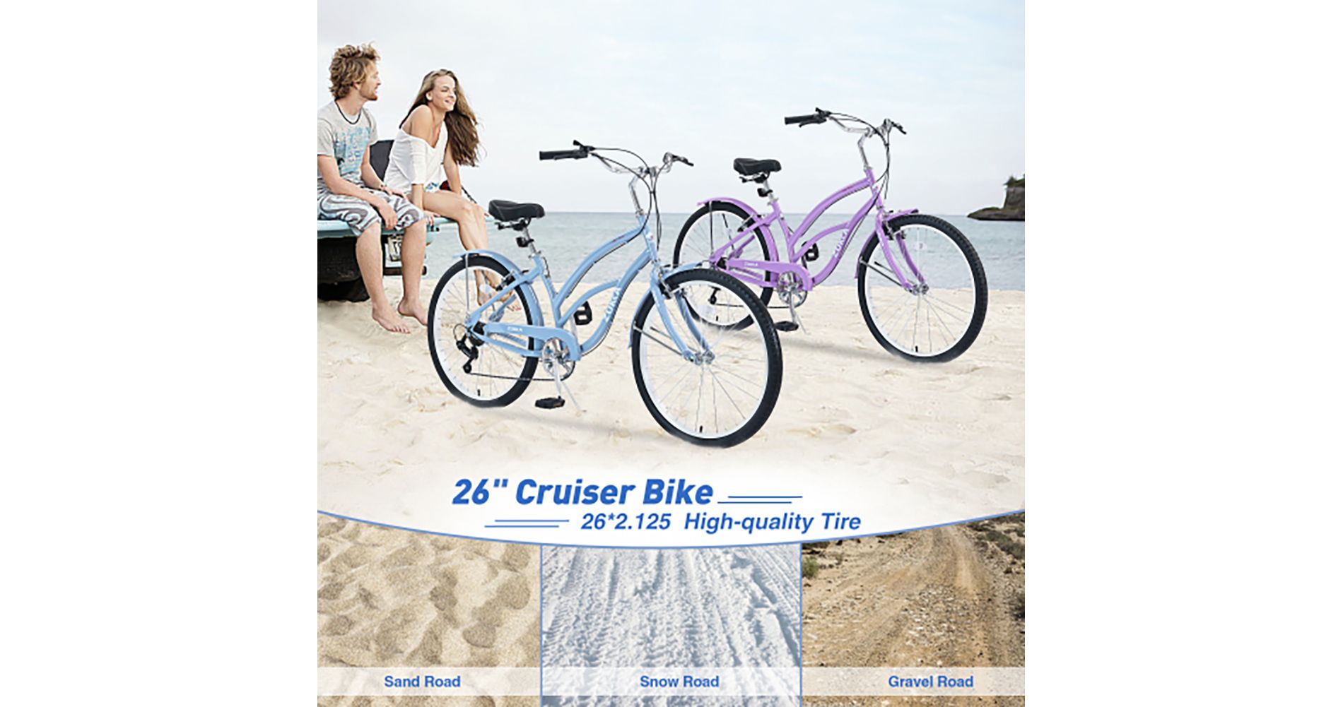 26 Inch Cruiser Bike, 7 Speed Multiple Colors Men's Women's Beach Cruiser Bike with Front and Rear V-brakes