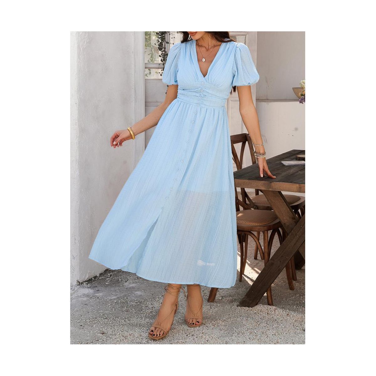 Garvee Women's V Neck Short Sleeve Midi Dress Ruched High Waist Button Front Smocked Back Lantern Sleeve Flowy A-Line Sun Dresses - thumbnail 3