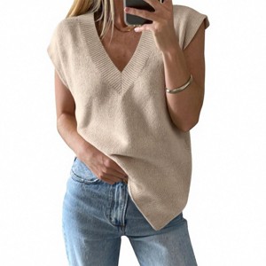 Womens V Neck Sweater Vest Trendy Cap Sleeve Sweater Winter Pullover Sweater Vest Sleeveless Knit Tops - 1 of 4