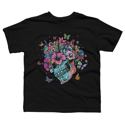 Boy's Design By Humans Floral Butterfly Skull Funny Halloween Costume Hippie Flower By JeilJersey T-Shirt