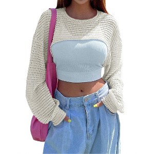 Coolmee Women's Crochet Crop Sweater Long Sleeve Crewneck Fairy Grunge Knit Sweater Tops - 1 of 4