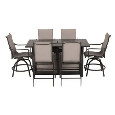 Four Seasons Courtyard Manhattan Outdoor 6 Piece High Chair Patio Dining Table and Chair Furniture Set with Textured Sling Over Aluminum Frames, Gray