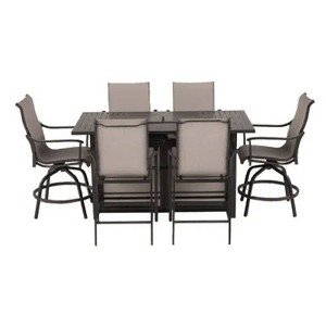 Four Seasons Courtyard Manhattan Outdoor 6 Piece High Chair Patio Dining Table and Chair Furniture Set with Textured Sling Over Aluminum Frames, Gray - 1 of 4