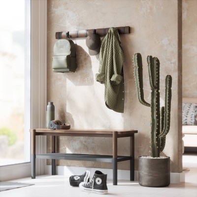 Flip Black and Walnut Solid Wood Wall Mounted Coat Rack with 8 Hooks