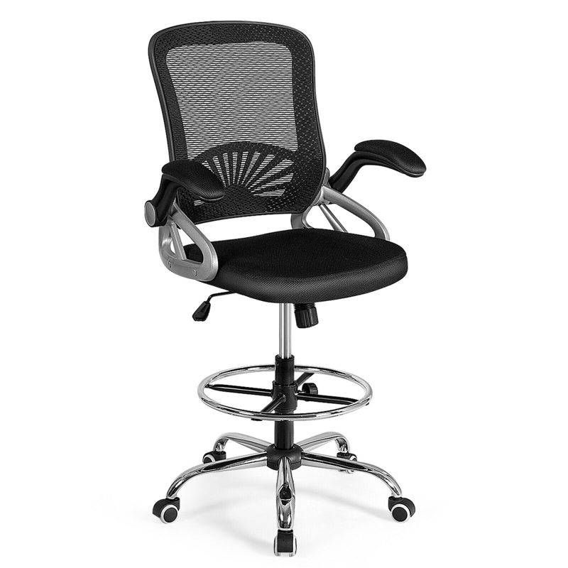 Costway Mesh Drafting Chair Mid Back Office Chair Adjustable Height Flip-Up Arm Black, 1 of 11