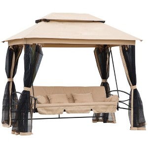 3-Seat Outdoor Patio Gazebo Swing Chair with Double Tier Canopy, Mesh Sidewalls, Cushioned Seat & Pillows - 1 of 4
