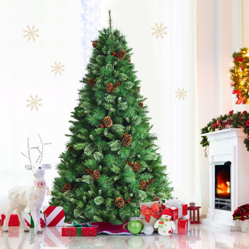 Tangkula 7ft Pre-Decorated Holiday Christmas Tree Unlit Artificial Pine Tree w/ Red Berries, 2 of 11