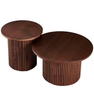 Coolbibila Wood Veneer Tabletop Coffe Table Set Of 2,Round MDF Tabletop Coffee Table With Metal Base,Farmhouse Wooden Coffee Table