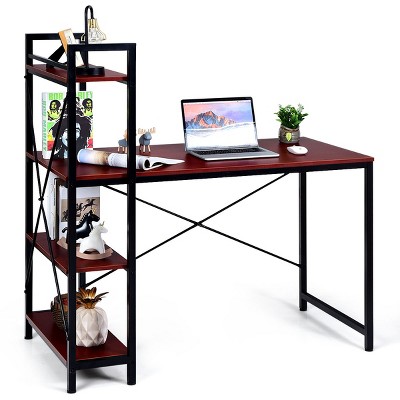 Costway 47.5 Computer Desk Writing Desk Study Table Workstation With  4-Tier Shelves Brown