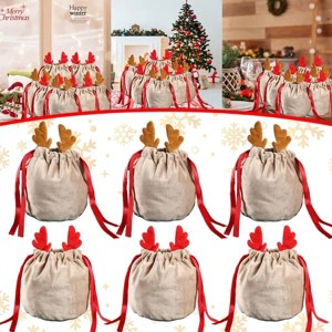 Christmas Drawstring Gift Bags, 5 Pcs 2 Styles Treat Bags with Ribbon for Xmas Candy, Party Favors, Goodie Bags for Holidays and Birthdays - 1 of 4