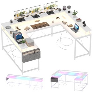 U Shaped Desk, 126 Inch Gaming Desk with Monitor Stand and LED Lights, Reversible Shaped Large Computer Desk with Power Outlets, Office Desk - 1 of 4