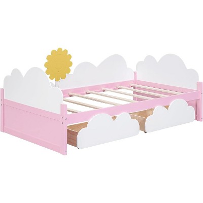 Acekool Kids Twin Platform Bed Frame with Clouds & Sunflower Decor, 2 Storage Drawers, Wood Slats, Fairytale Design, White