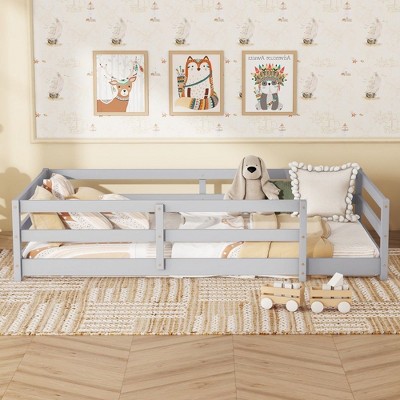 CAVINAS Kids Toddler Bed with Fence,Twin/Full Size Floor Bed,No Box Spring Needed,Montessori Bed for Bedroom