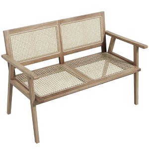 Costway Indonesia Teak Wood Garden Bench 2-Person Bench with Armrests Natural Rattan Backrest & Seat - 1 of 4