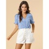 Allegra K Women's Button V Neck Full Placket Short Sleeve Floral Top - 3 of 4