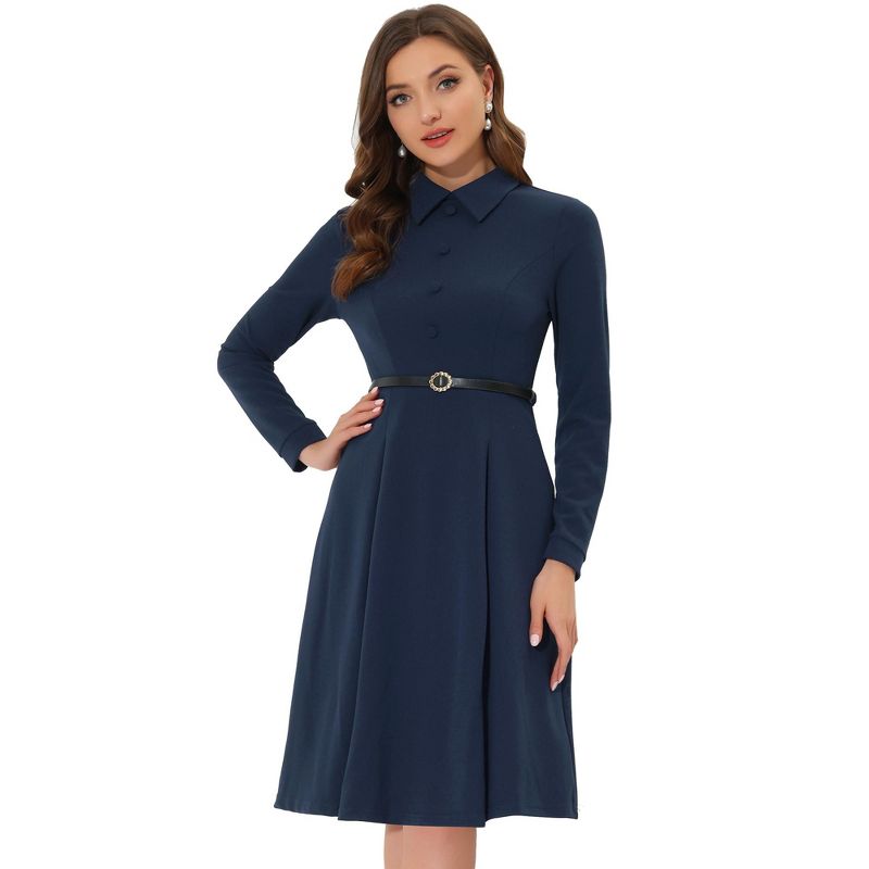 Allegra K Women's Elegant Long Sleeve Button Decor Belted Fit and Flare Dress, 1 of 7