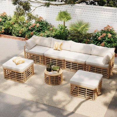 Sapphtopaz 7-Piece Hollow Woven Wicker Outdoor Patio Sofa Set, Modular Sectional Sofa with Round Coffee Table, Outdoor Sofa with Cushions & Pillows