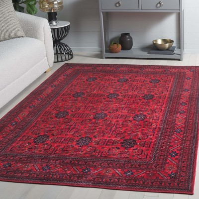 Red and Black Traditional Washable 4' x 6' Area Rug