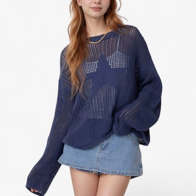 Anna-Kaci Women's Loose Knit Long Sleeve Sweater with Bold Star Design and Semi-Sheer Open Weave Texture