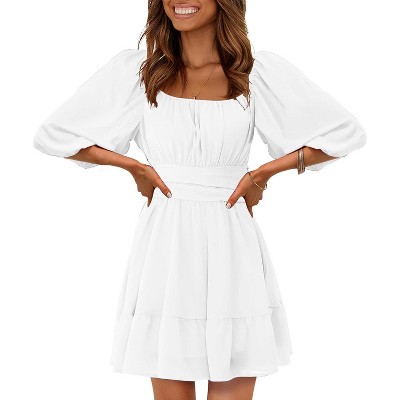 EXLURA Women's Lantern Sleeve Tie Back Summer Dress Ruffled Off Shoulder A-Line Vintage Mini Dress