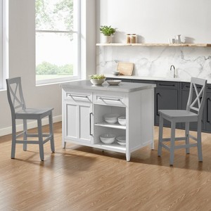 HomeStock  Silvia Stainless Steel Top Kitchen Island, Coffee Bar, with a Set of 2 X-Back Stools, White/Gray - 1 of 4