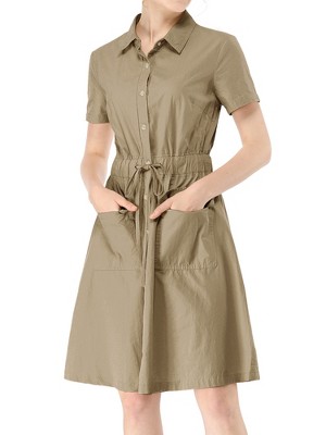 INSPIRE CHIC Women's Point Collar Front Elastic Waist Drawstring Mini Shirt Dress with Pocket