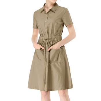 Allegra K Women's Point Collar Front Elastic Waist Drawstring Above Knee Shirt Dress with Pocket